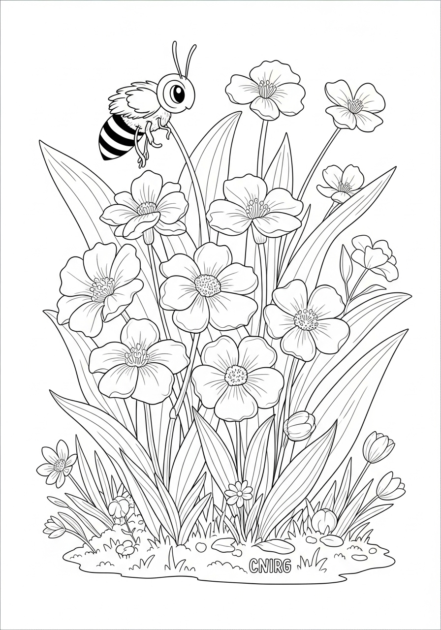 Desenho de Abelha entre flores para colorir