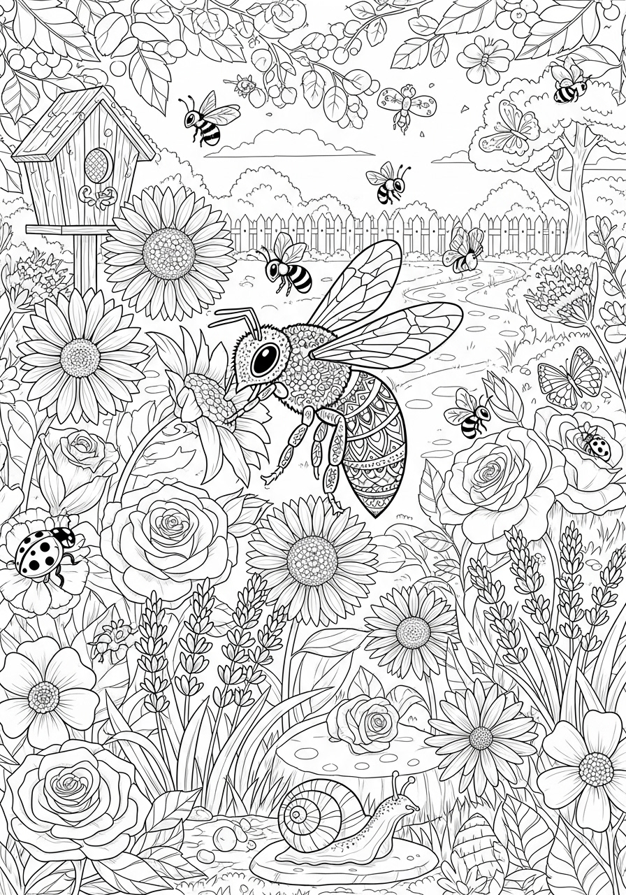 Desenho de Abelha em jardim com flores para colorir