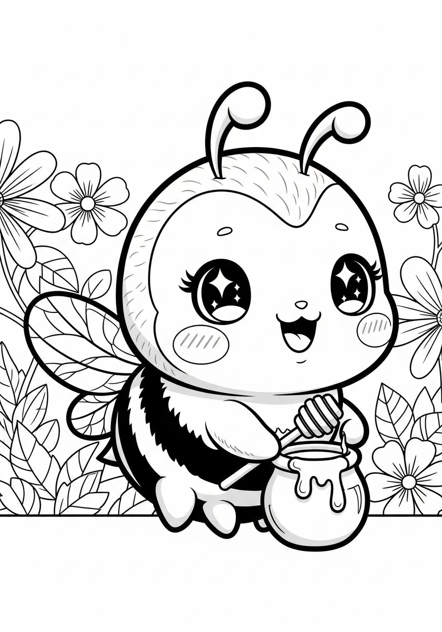 Desenho de Abelha fofa segurando pote de mel