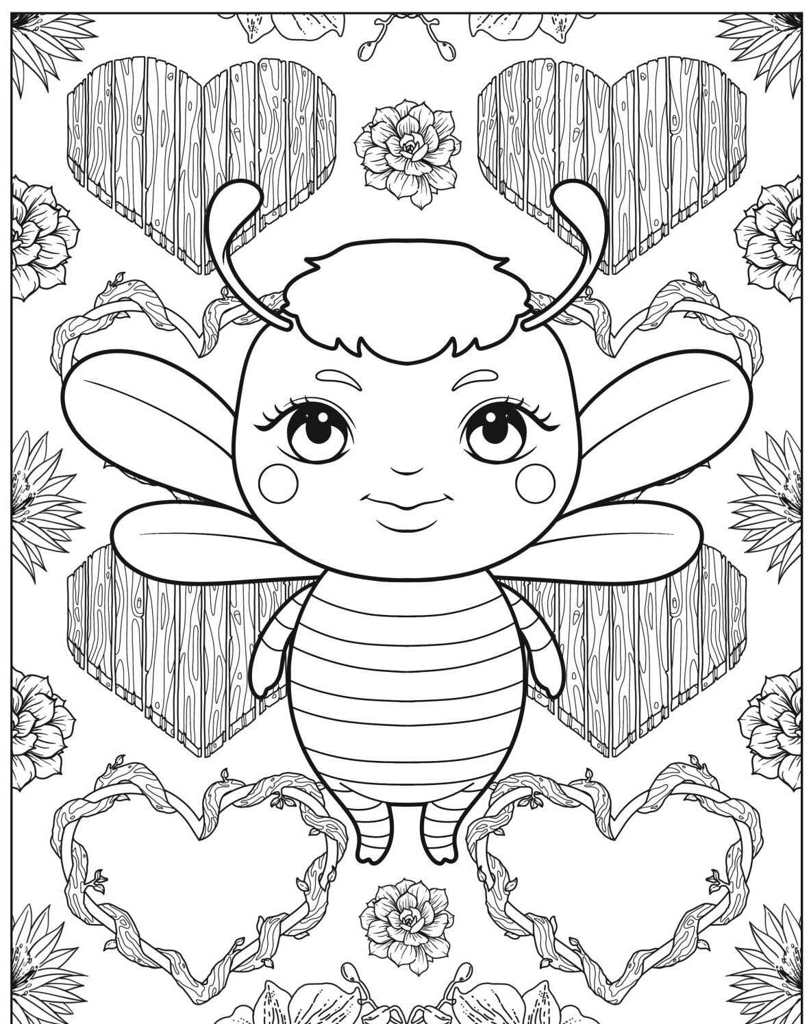 Desenho de Abelha fofa e corações para colorir