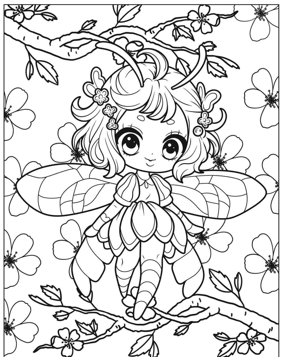 Desenho de Abelha fofa com flores para colorir