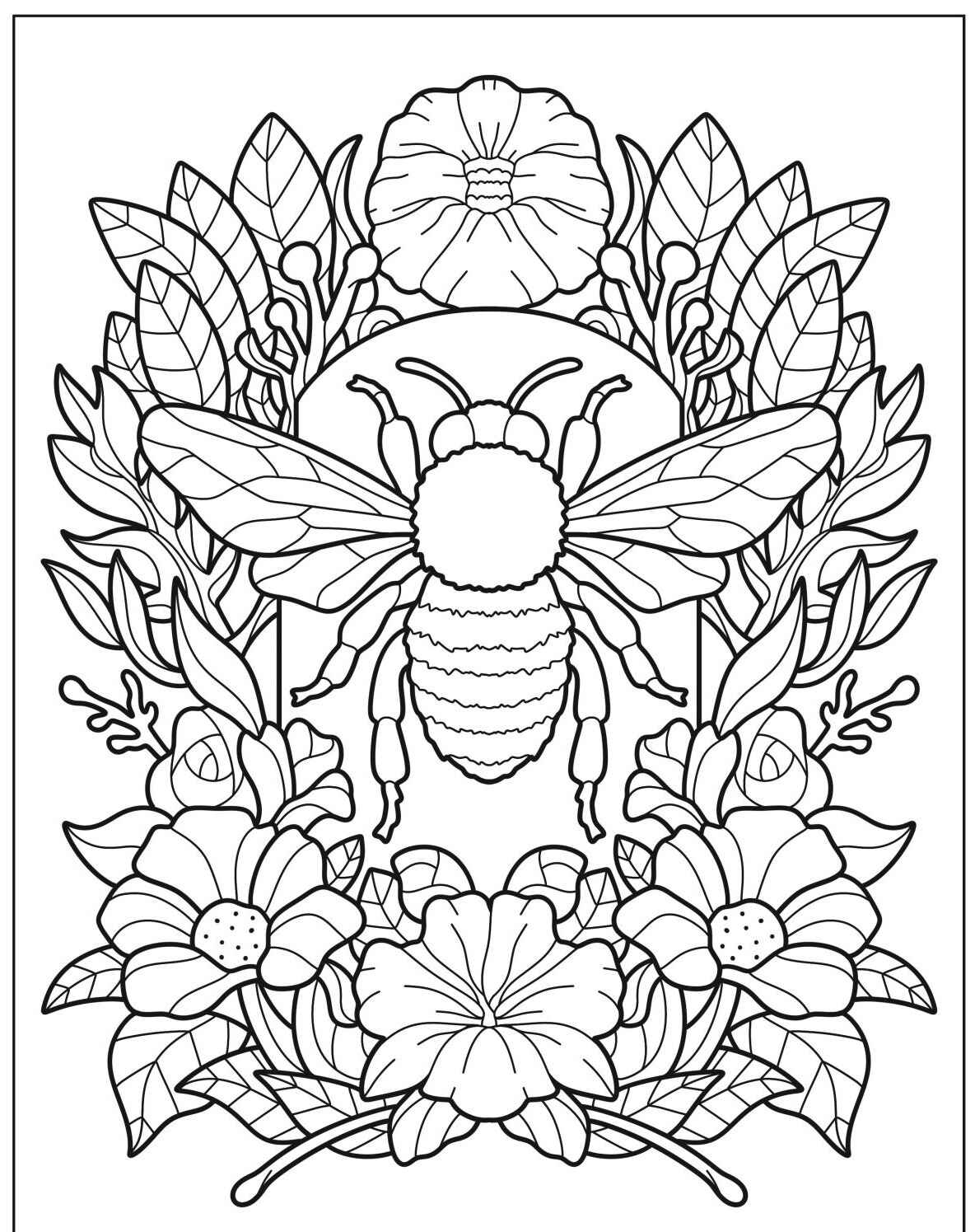 Desenho da Abelha rodeada por flores para colorir