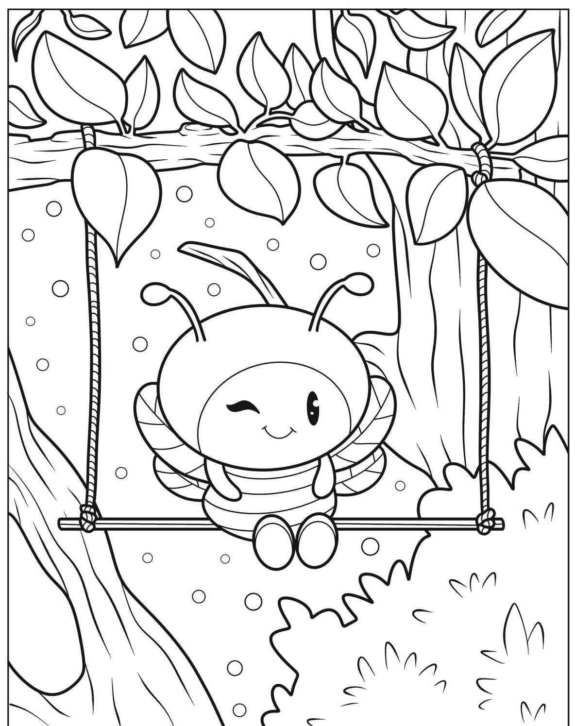 Desenho de Abelha fofa em um balanço entre árvores