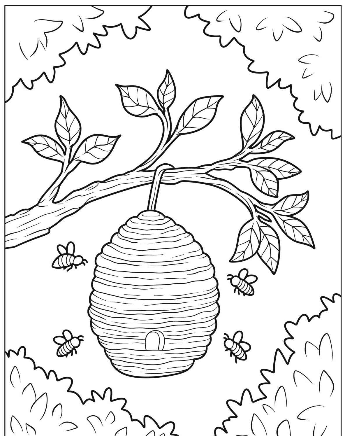 Desenho de colmeia com abelhas para colorir