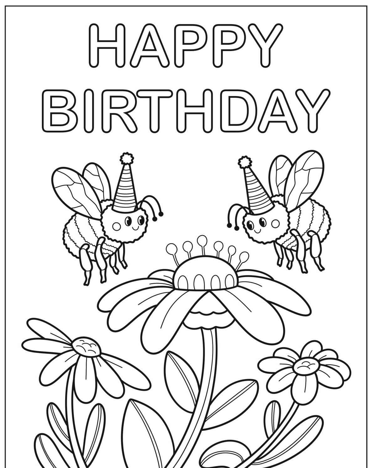 Desenho de Abelha com chapéu de festa e flor para colorir