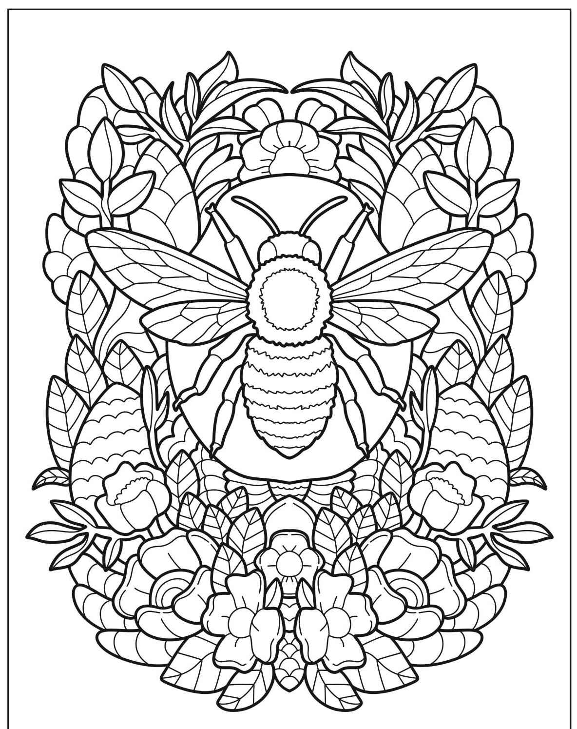 Desenho de Abelha com flores e folhas para colorir