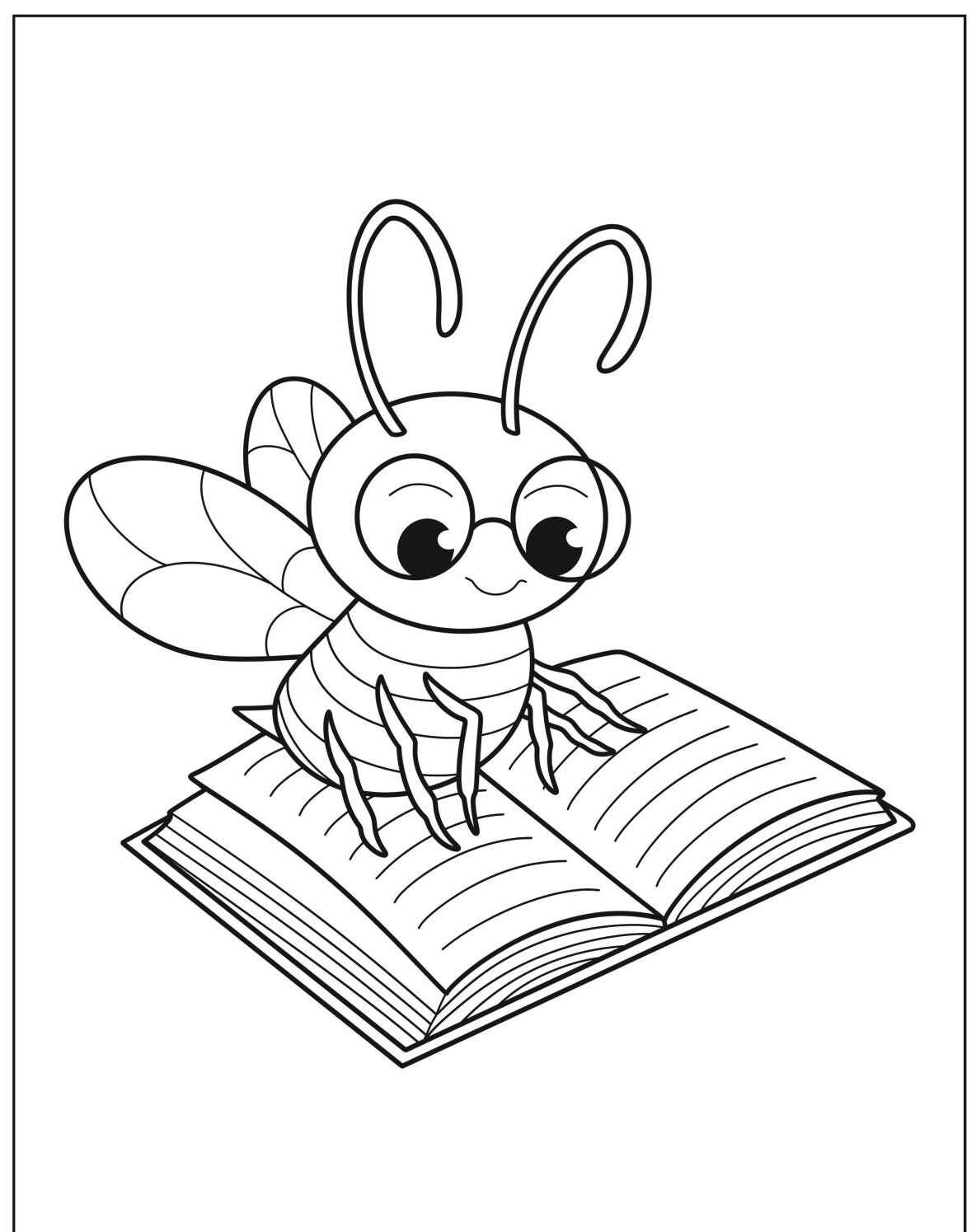 Desenho da Abelha fofa em cima de um livro para colorir