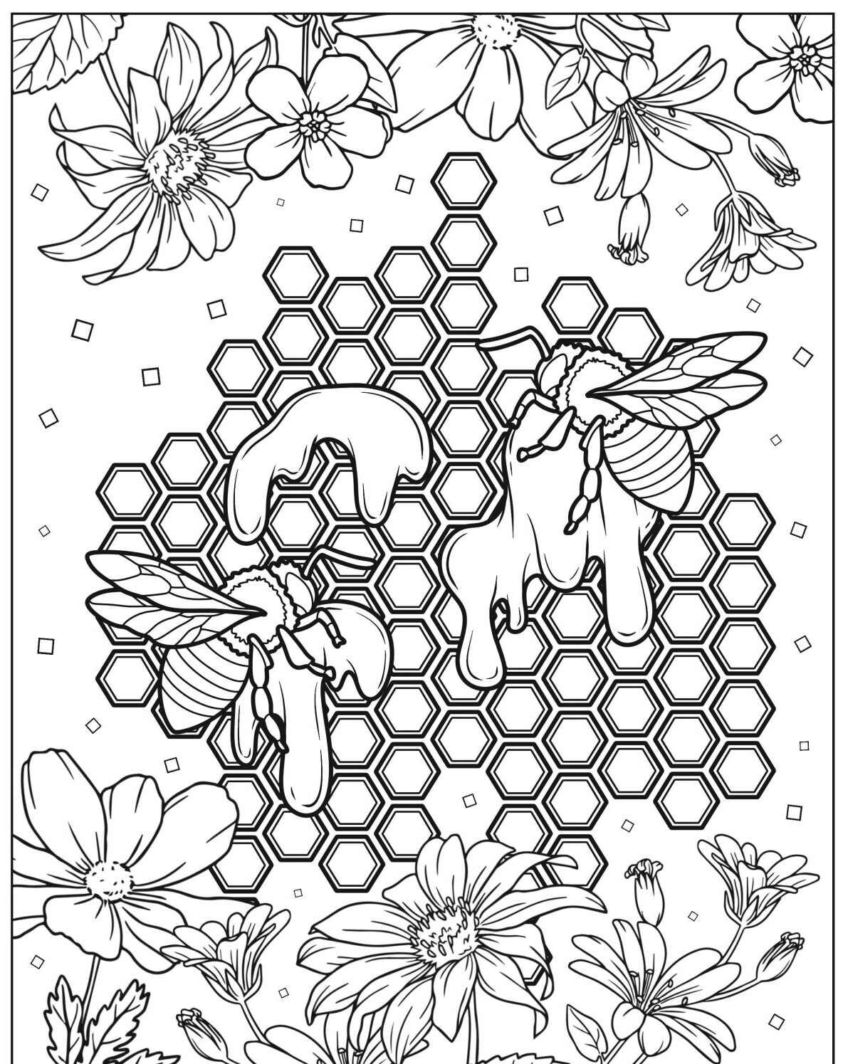 Desenho de Abelha entre flores e colmeia para colorir