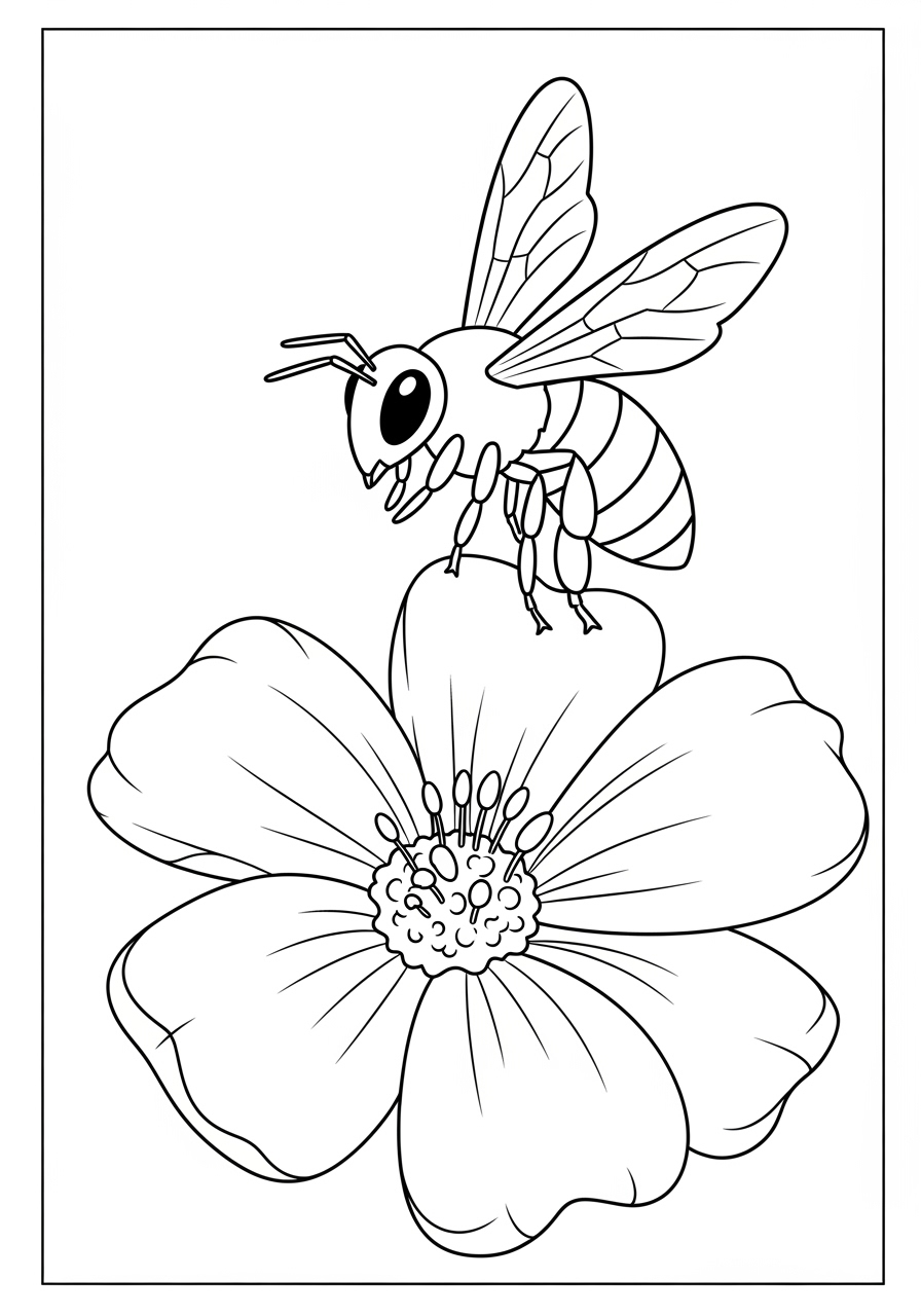 Desenho de Abelha em cima de uma flor para colorir