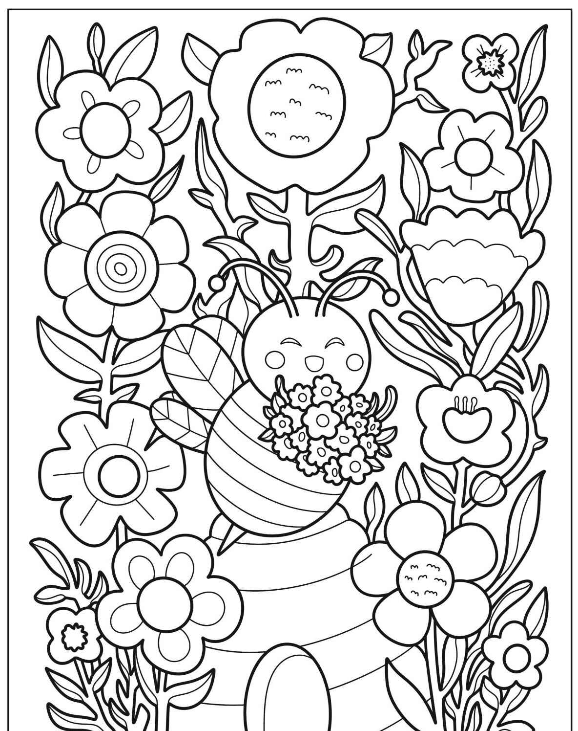 Desenho da Abelha rodeada de flores para colorir