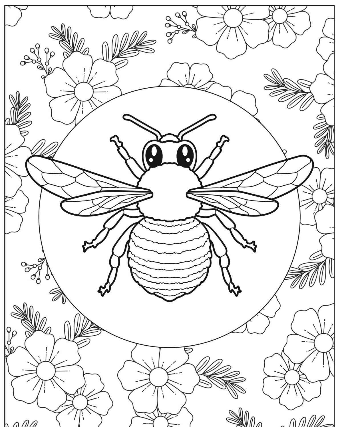 Desenho da Abelha fofa sobre flores para colorir