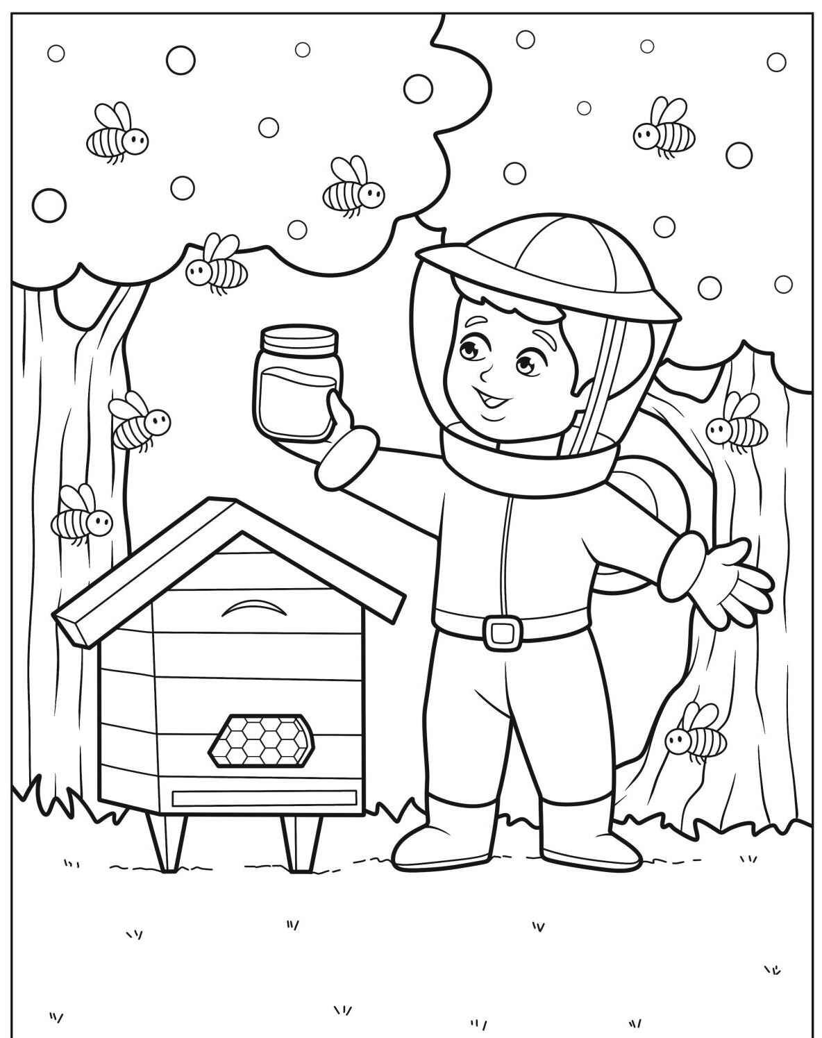 Desenho de Abelha com apicultor e colmeia para colorir