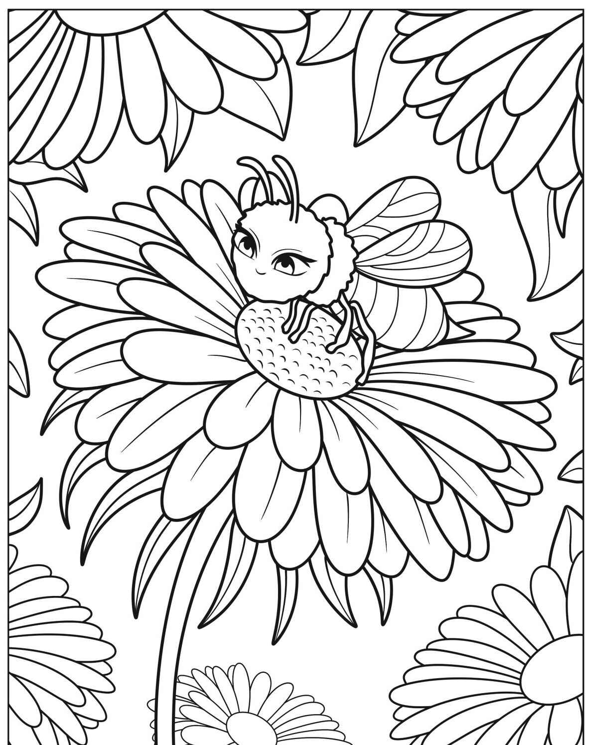 Desenho da Abelha fofa em flor para colorir