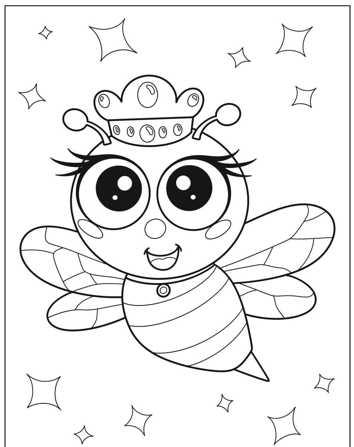 Desenho de Abelha fofa com coroa e estrelas para colorir