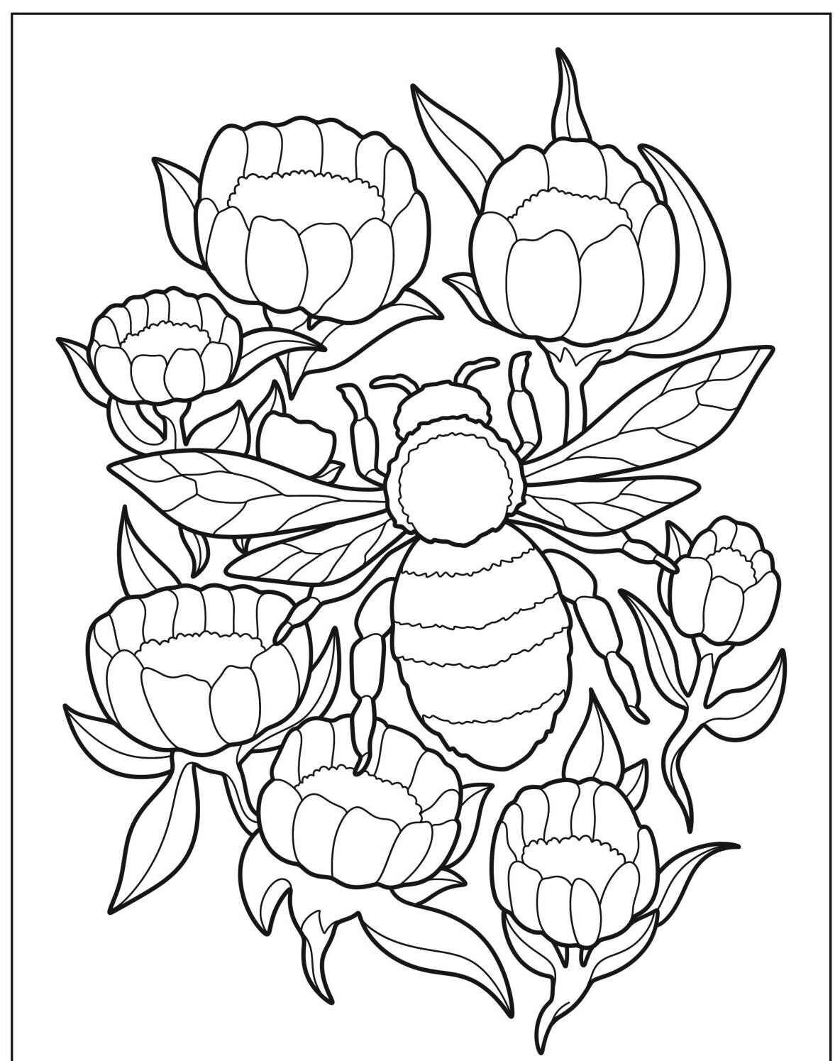 Desenho da Abelha com flores para colorir