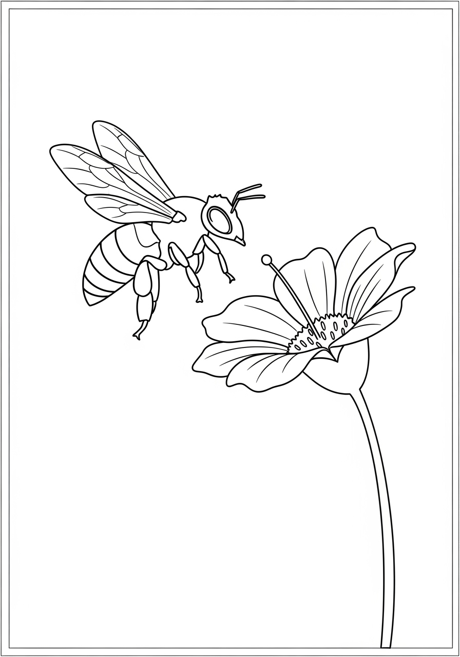 Desenho de Abelha pousando em uma flor para colorir