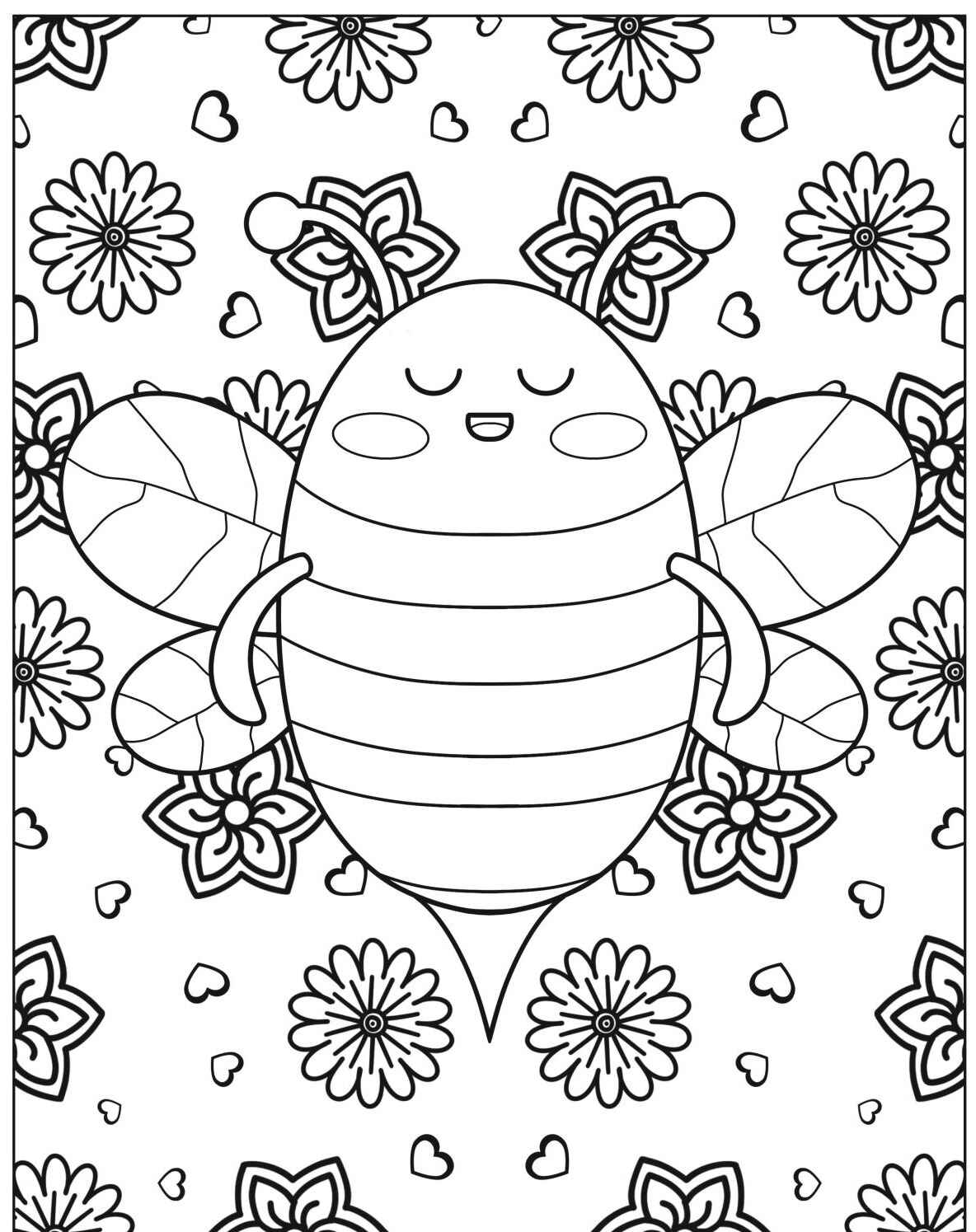 Desenho de Abelha fofa com flores para colorir