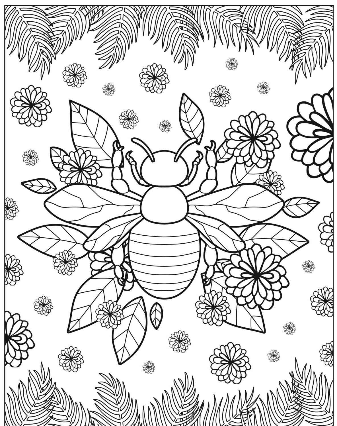 Desenho de Abelha com flores e folhas para colorir