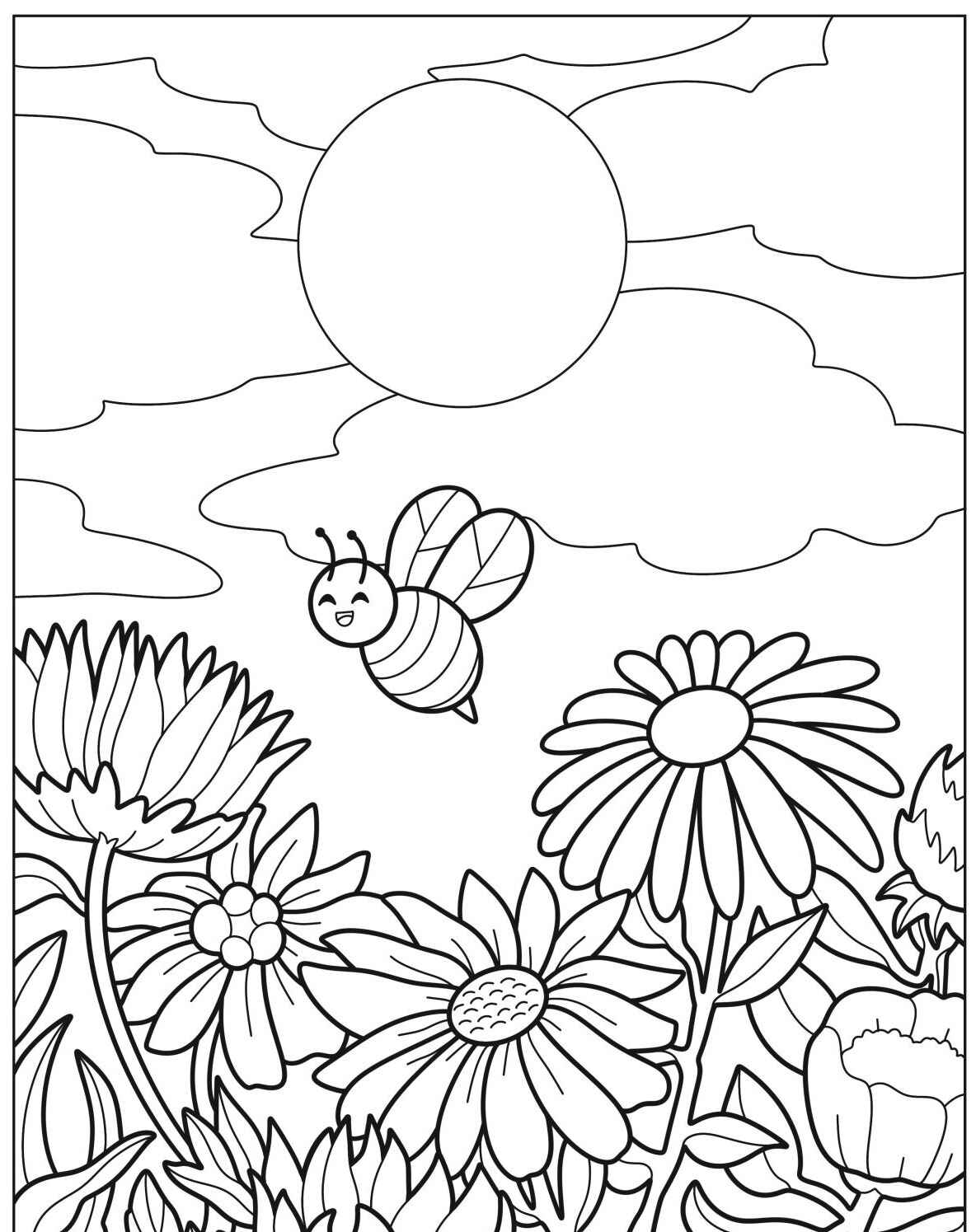 Desenho de Abelha voando sobre flores para colorir