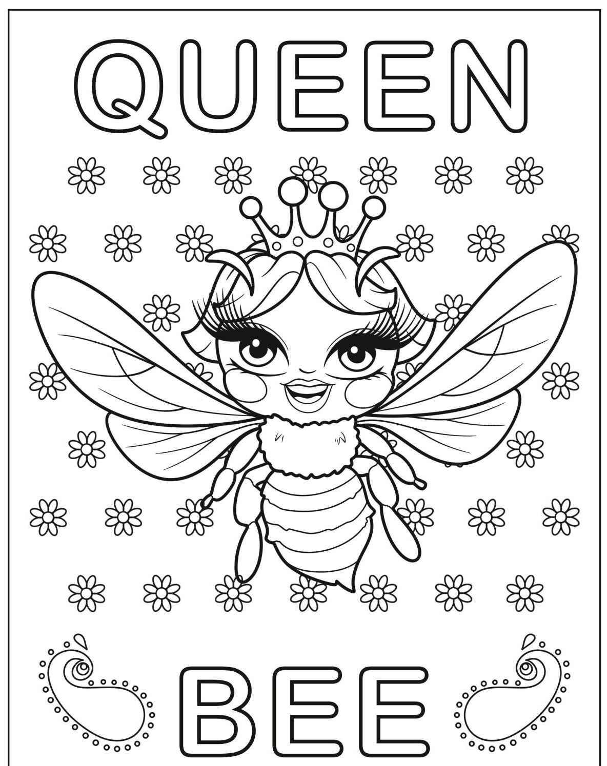 Desenho da Abelha Rainha com flores para colorir