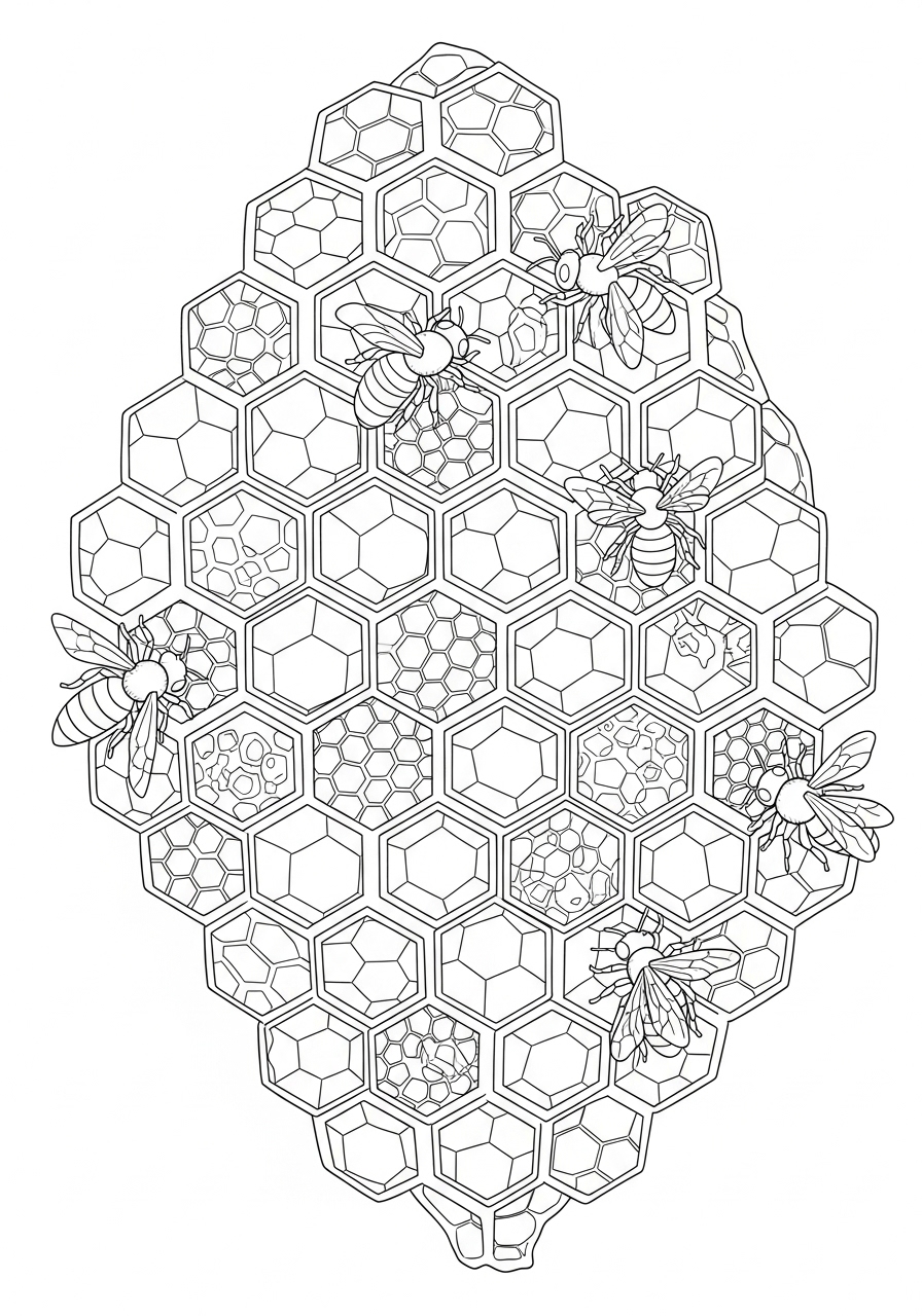 Desenho de Abelha na colmeia em estilo realista para colorir