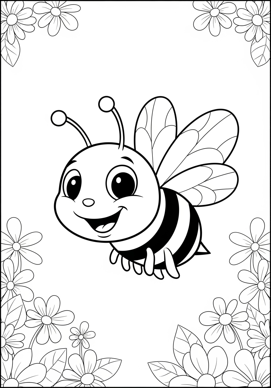 Desenho de Abelha fofa cercada por flores para colorir