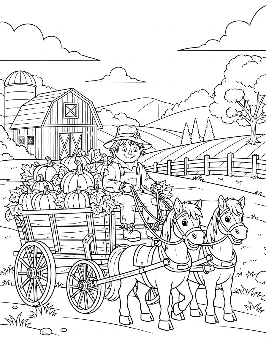 Desenho de Abóbora em carroça com cavalo para colorir