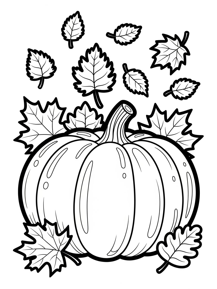 Desenho de Abóbora com folhas caindo para colorir