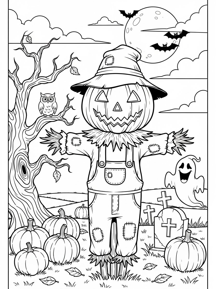 Desenho de Abóbora do Halloween com espantalho para colorir