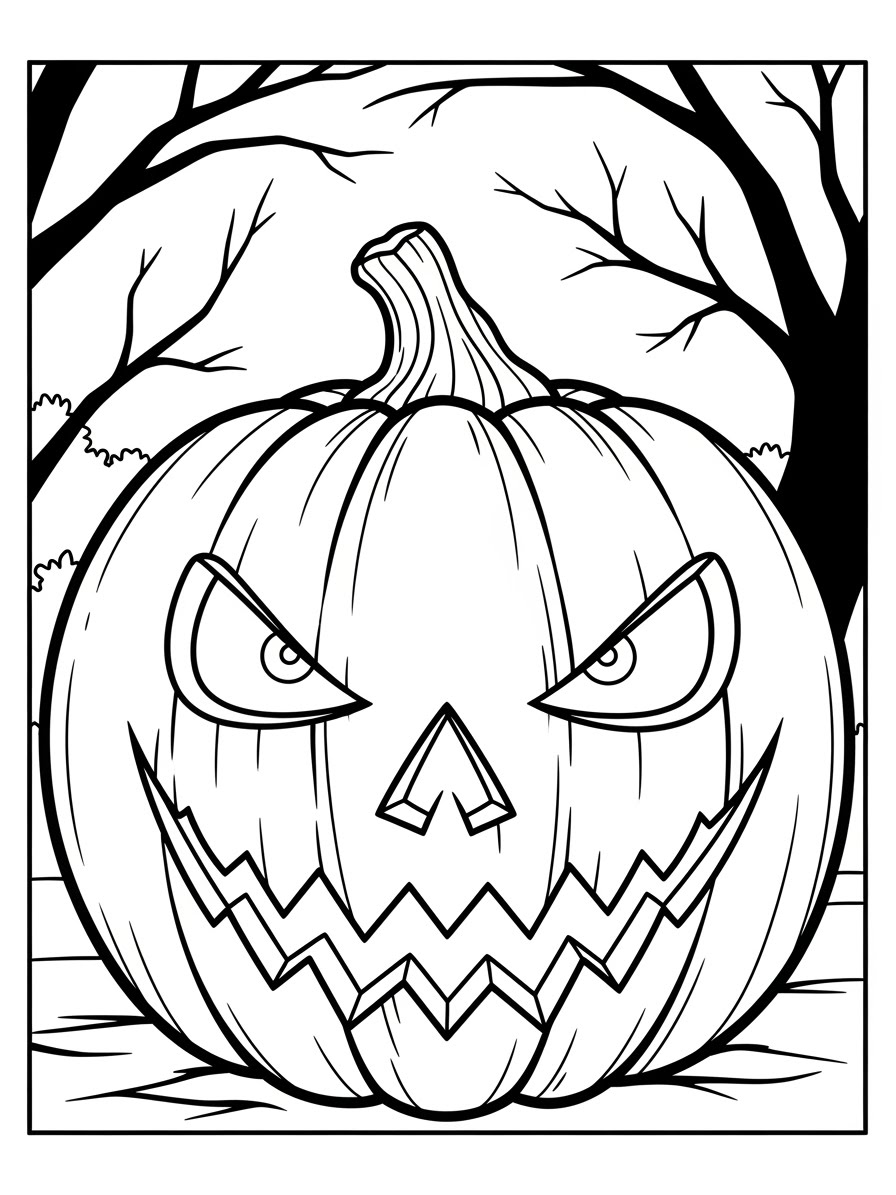 Desenho de Abóbora de Halloween com expressão assustadora para colorir