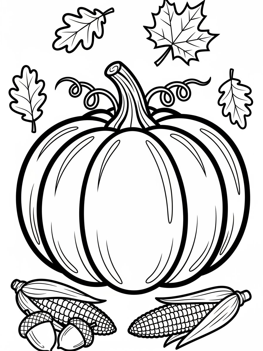 Desenho de Abóbora com folhas e milho para colorir