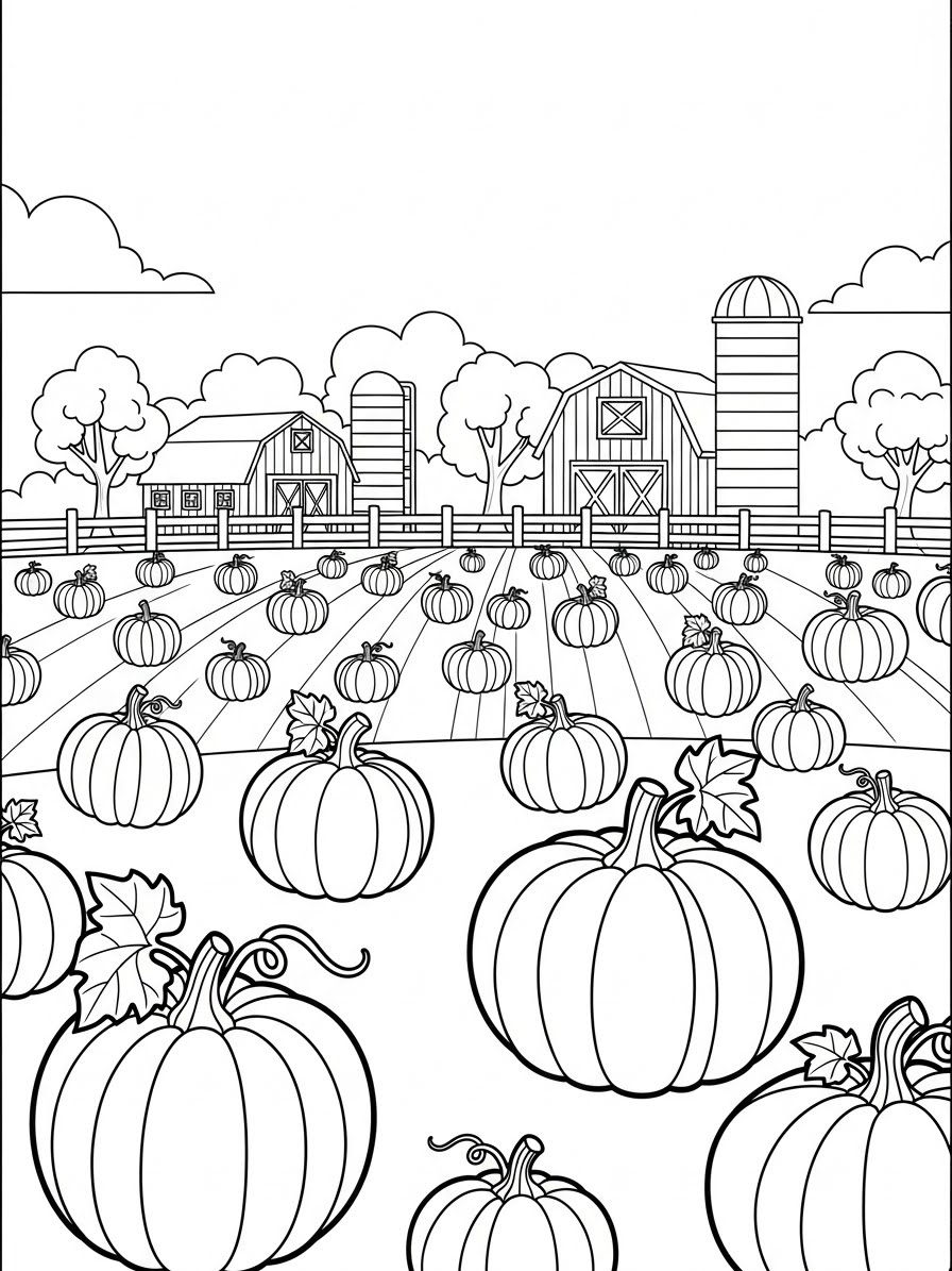 Desenho de Abóbora em um campo com celeiro para colorir