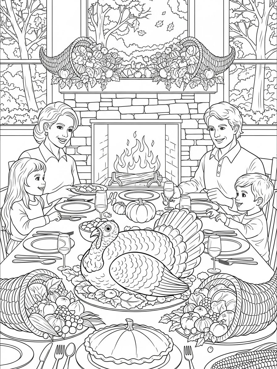 Desenho de Ação de Graças com mesa farta para colorir