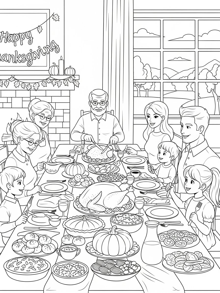 Desenho de Ação de Graças com família à mesa para colorir
