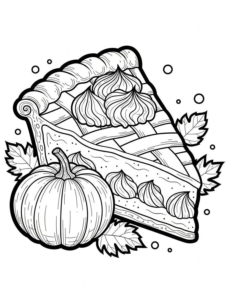 Desenho de Ação de Graças com torta e abóbora para colorir