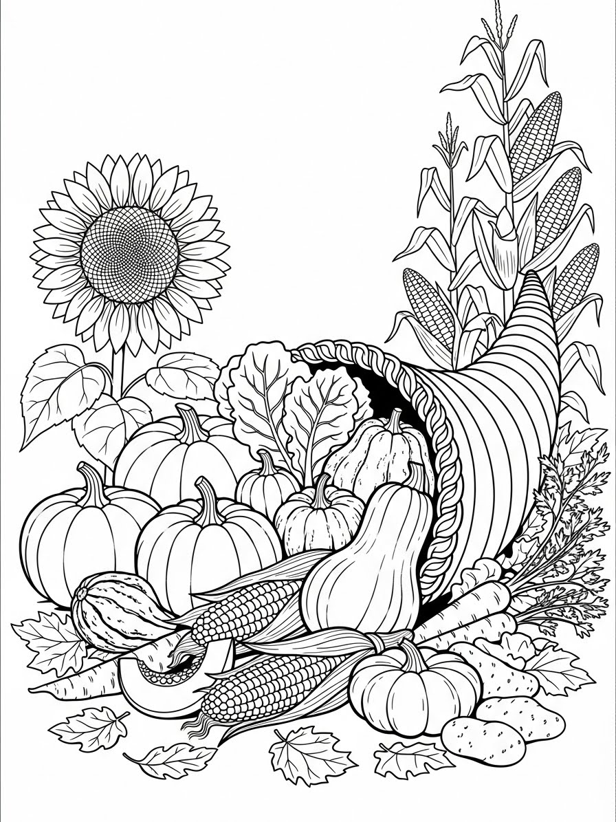 Desenho de Ação de Graças com cornucópia e vegetais para colorir