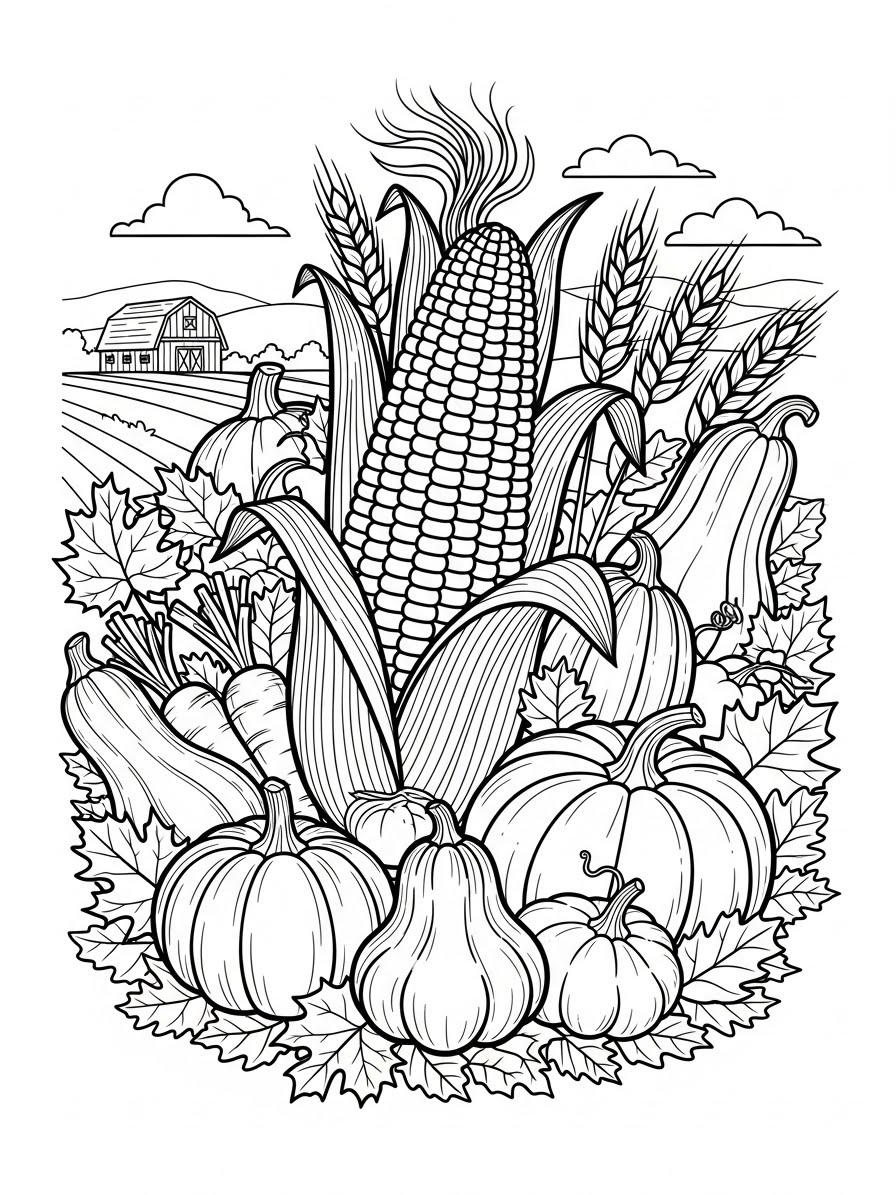 Desenho de Ação de Graças com abóboras e milho para colorir