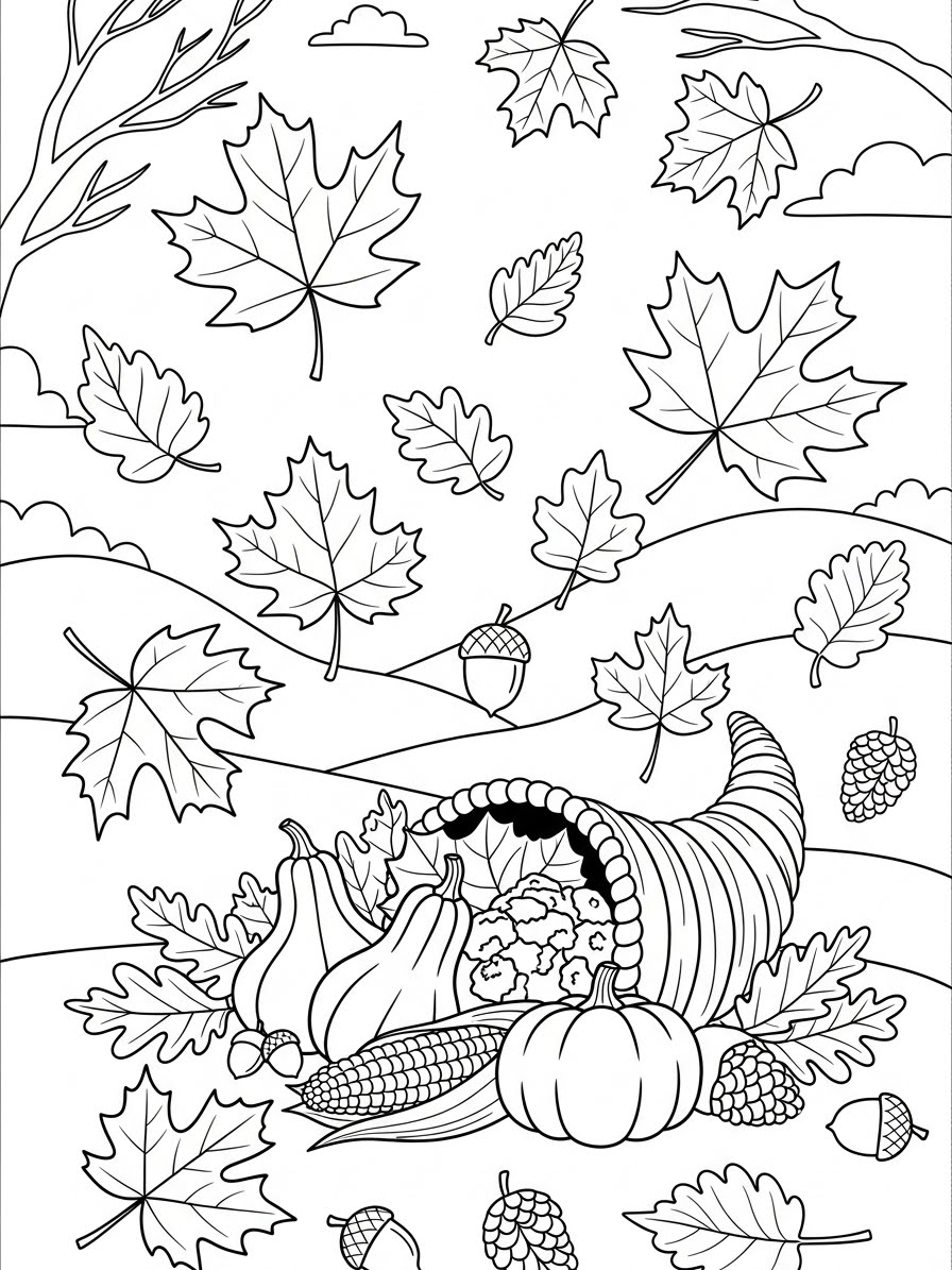 Desenho de Ação de Graças com cornucópia e folhas para colorir