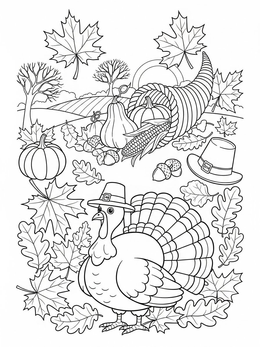 Desenho de Ação de Graças com peru e elementos da colheita para colorir