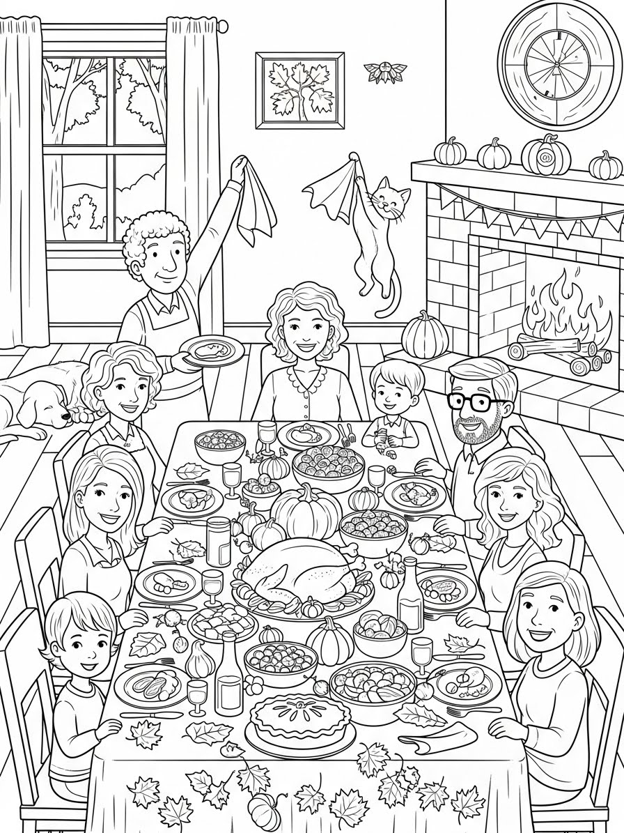 Desenho de Ação de Graças com familia na mesa para colorir