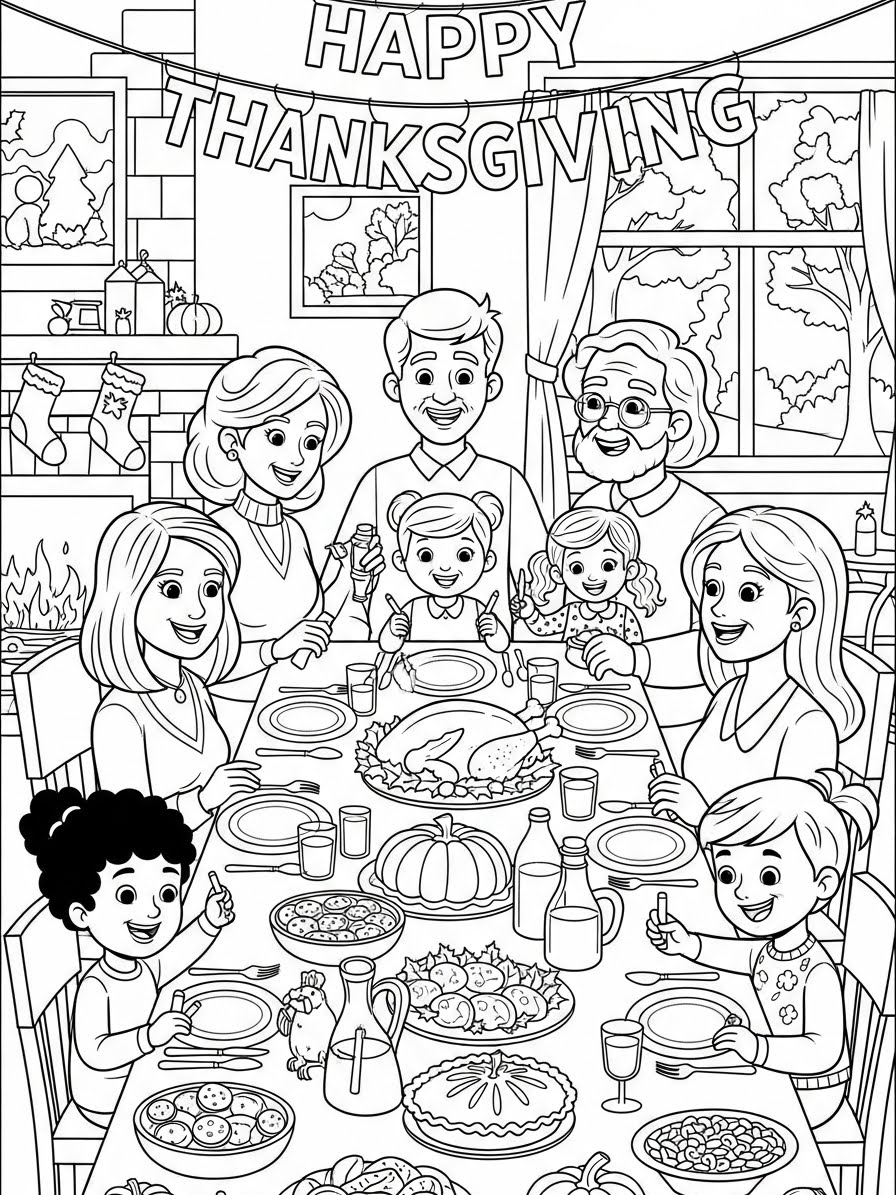 Desenho de Ação de Graças com familia sentada a mesa para colorir