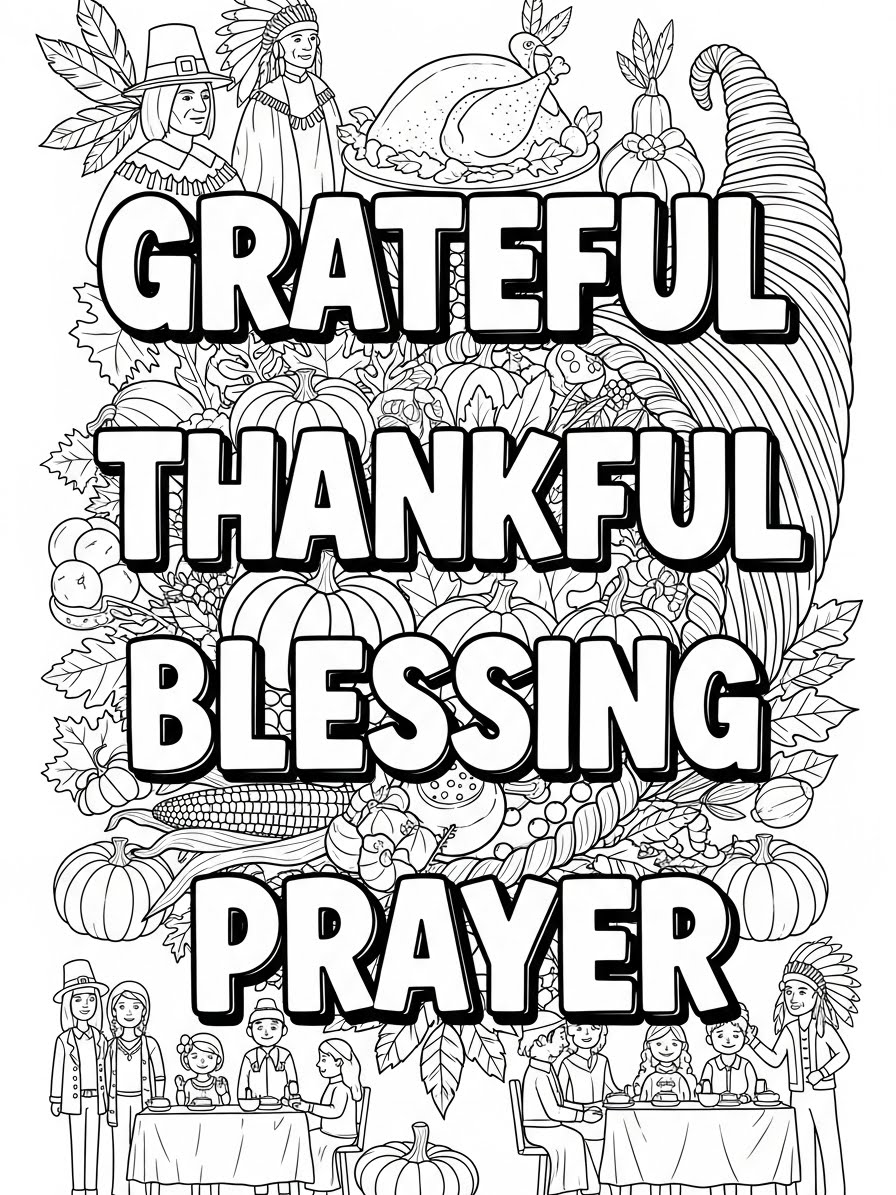 Desenho de Ação de Graças com palavras para colorir