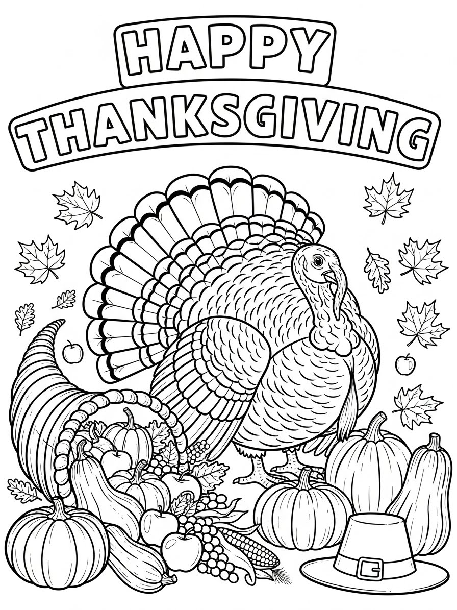 Desenho de Ação de Graças com peru e decoração para colorir