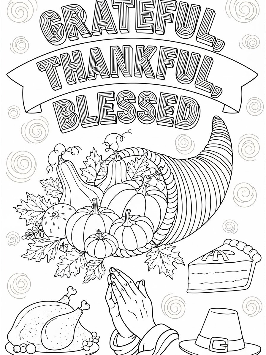 Desenho de Ação de Graças com cornucópia e alimentos para colorir