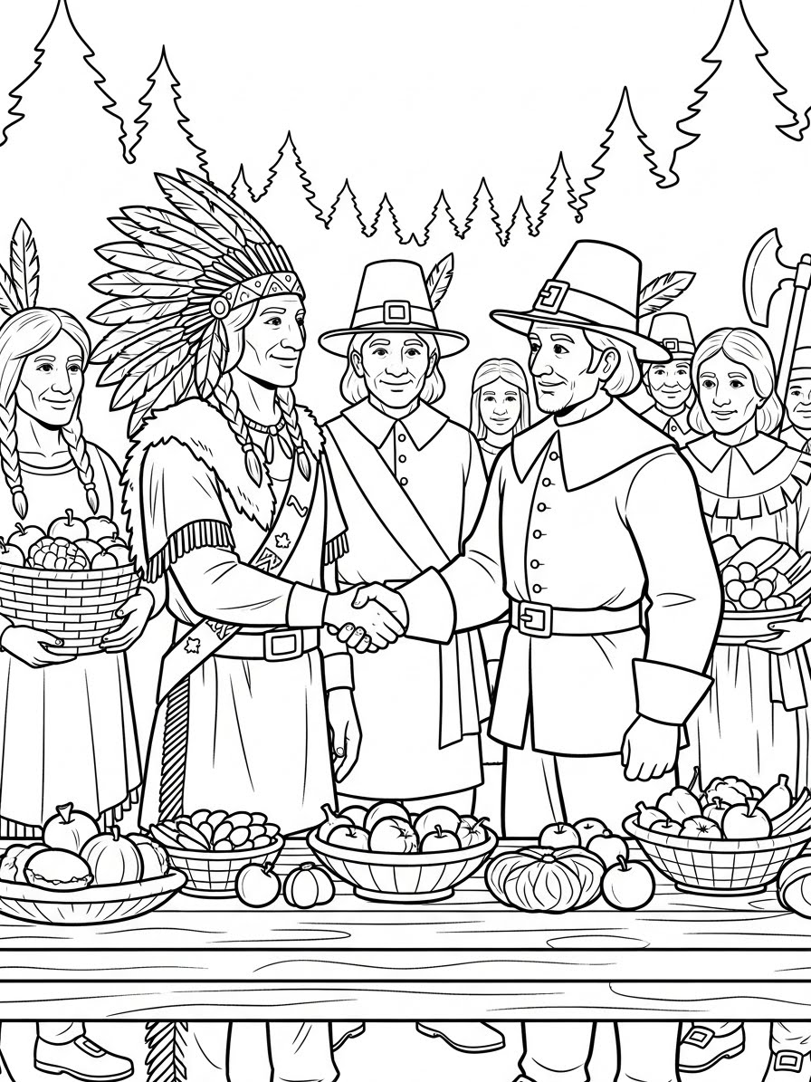 Desenho de Ação de Graças com Nativos e colonizadores para colorir