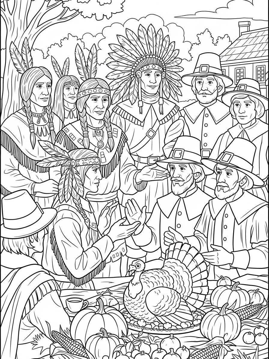 Desenho de Ação de Graças com indígenas e peregrinos para colorir
