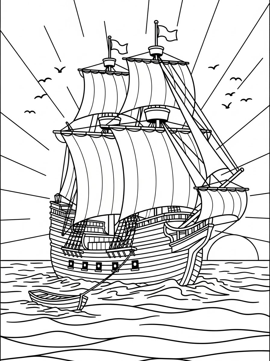 Desenho de Ação de Graças de um barco em alto mar para colorir