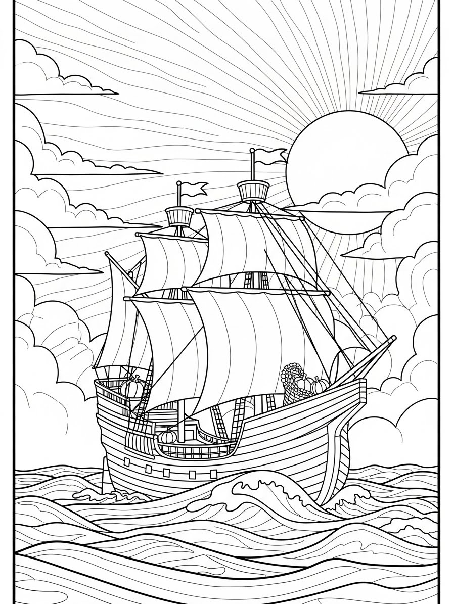 Desenho de Ação de Graças navio em alto mar para colorir