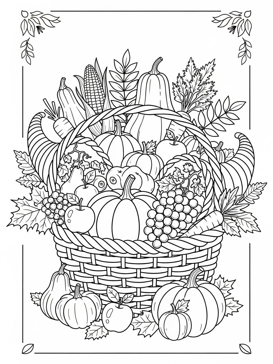 Desenho de Ação de Graças com cesta de frutas e legumes para colorir