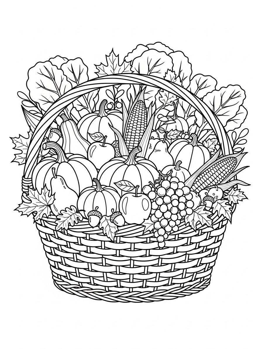 Desenho de Ação de Graças com cesta de frutas e legumes para colorir